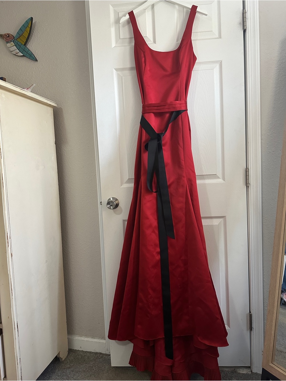 Vintage Vera Wang Red Fit & Flair Satin Gown with Black Sash & Train
